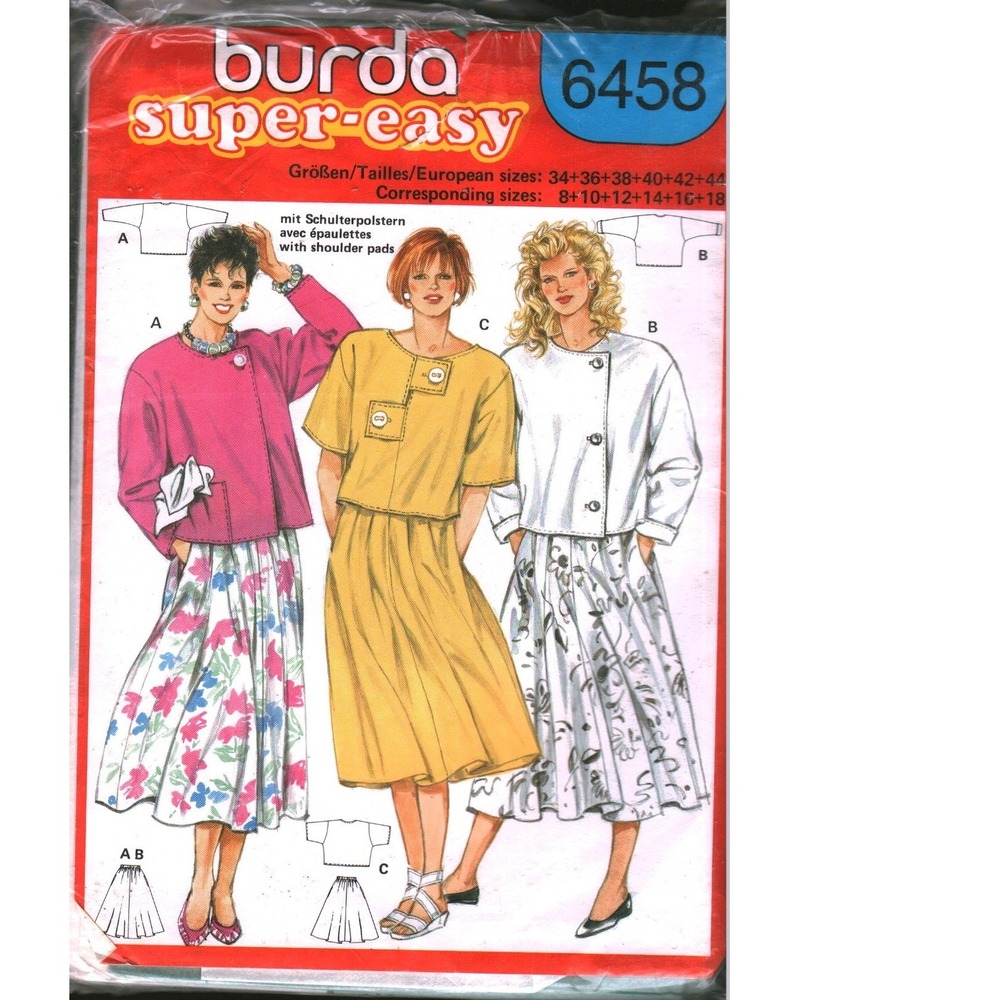 Burda Super-Easy 6458 Sewing Pattern Jacket Top Skirt Sizes 8-14 Vintage 80s 90s